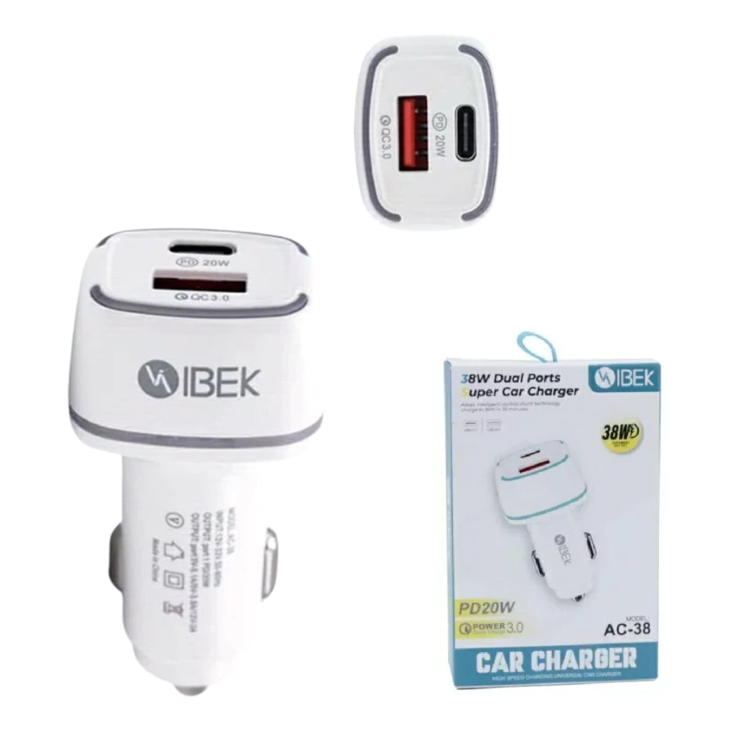 CARGADOR PARA AUTO 38W CARGA RÁPIDA DUAL USB A Y C IBEK